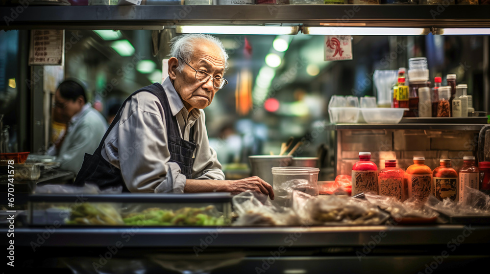 Unidentified senior Asian man selling food in a street food market.