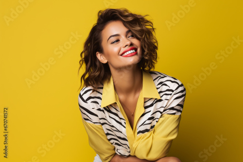 Elegant Mixed-Race Model Posing with Dual Heritage Charm. Beautiful Young Happy European Woman On Yellow or Blue Background © MD Media