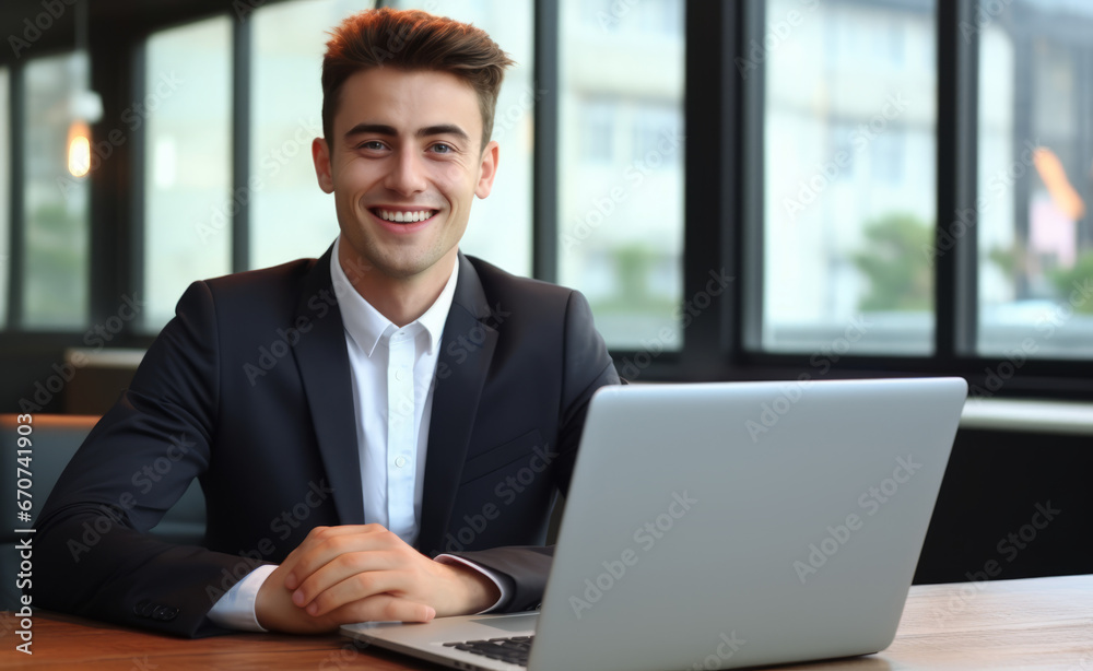Handsome Businessman Working with Laptop Computer, Male Manager Works in Modern Office, Analysis Data Statistics and Business Planning. Handsome Businessman Working with Laptop Computer, Male Manager Works in Modern Office, Analysis Data Statistics and Business Planning.