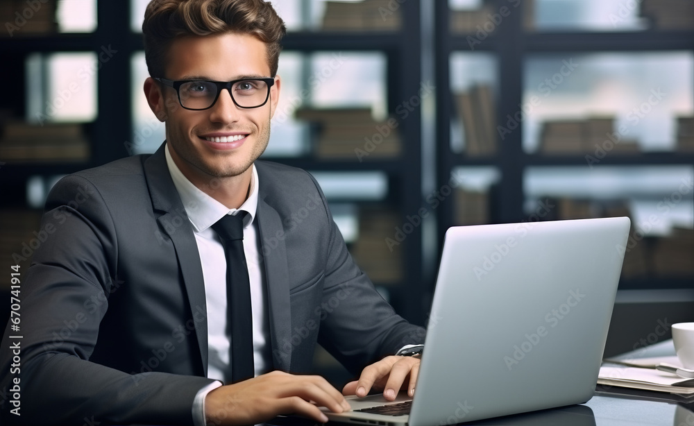 Handsome Businessman Working with Laptop Computer, Male Manager Works in Modern Office, Analysis Data Statistics and Business Planning. Handsome Businessman Working with Laptop Computer, Male Manager Works in Modern Office, Analysis Data Statistics and Business Planning.