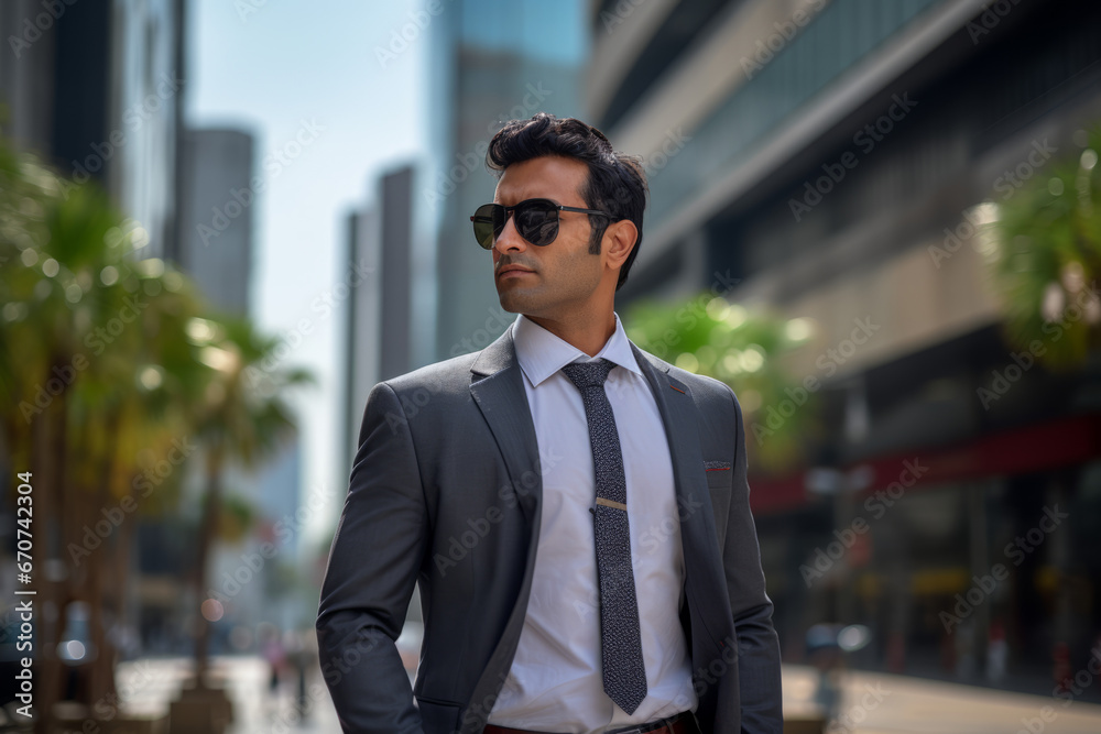 businessman wearing suit and tie outdoors in city. An executive takes in the vista from his hotel room window