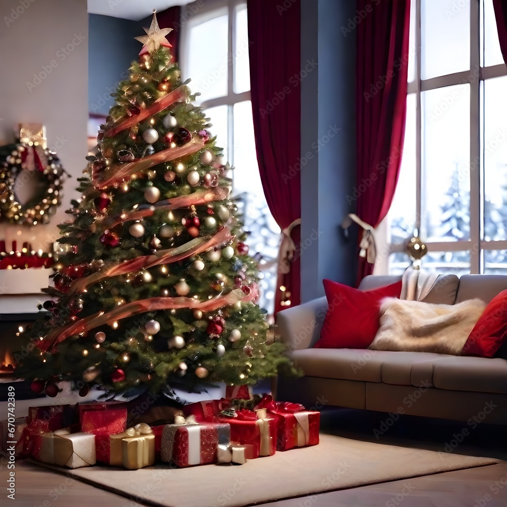 A beautifully decorated Christmas tree stands in the corner of a cozy living room, adorned with sparkling lights, ornaments, and a shimmering star on top, Generative ai