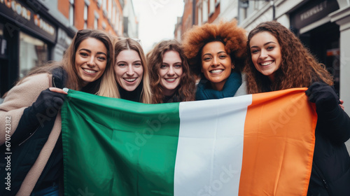 cheerful friends holding the flag of Ireland on the street of Dublin, young smiling Irish women, symbol of the country, St. Patrick's Day, international, joyful girls in the city, national, green