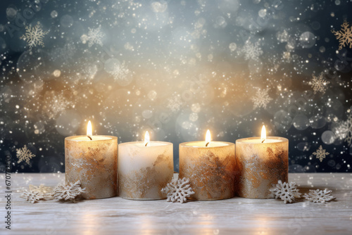 Christmas burning candles with snowflakes on bokeh background. Generative AI