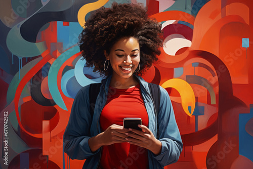Young adult smiling happy pretty latin woman holding mobile phone looking at smartphone, typing message doing e commerce shopping using apps on cellphone isolated on plain background