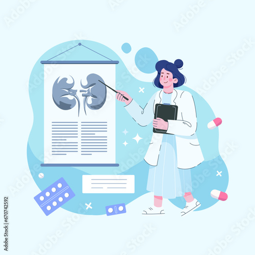 Medical persons checking human organ for surgery flat vector illustration. Nephrology medicine concept for banner website design or landing web page