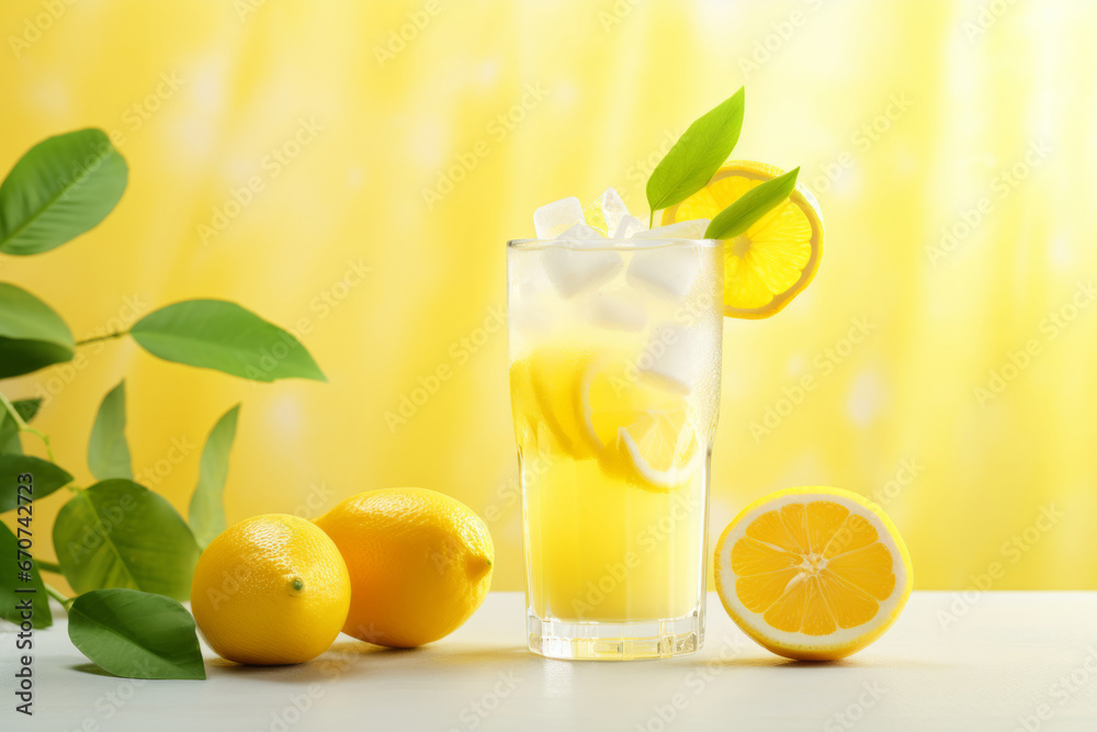 Freshly squeezed lemonade on yellow background. Glass of lemon juice and cut fresh lemons. Generative AI Freshly squeezed lemonade on yellow background. Glass of lemon juice and cut fresh lemons. Generative AI
