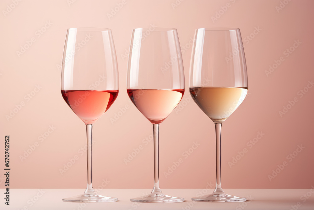 Three wine glasses containing white rose and red wine on pastel background. Generative AI Three wine glasses containing white rose and red wine on pastel background. Generative AI