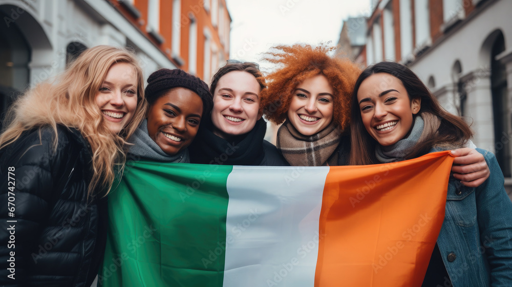 Fototapeta premium cheerful friends holding the flag of Ireland on the street of Dublin, young smiling Irish women, symbol of the country, St. Patrick's Day, international, joyful girls in the city, national, green
