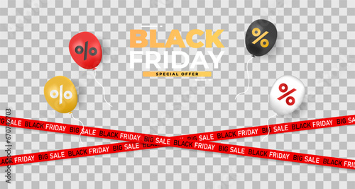 Black friday background with balloon. Podium for product presentation. Christmas tree realistic toy on red and black color. Sale Banner on transparent background. Vector illustration photo