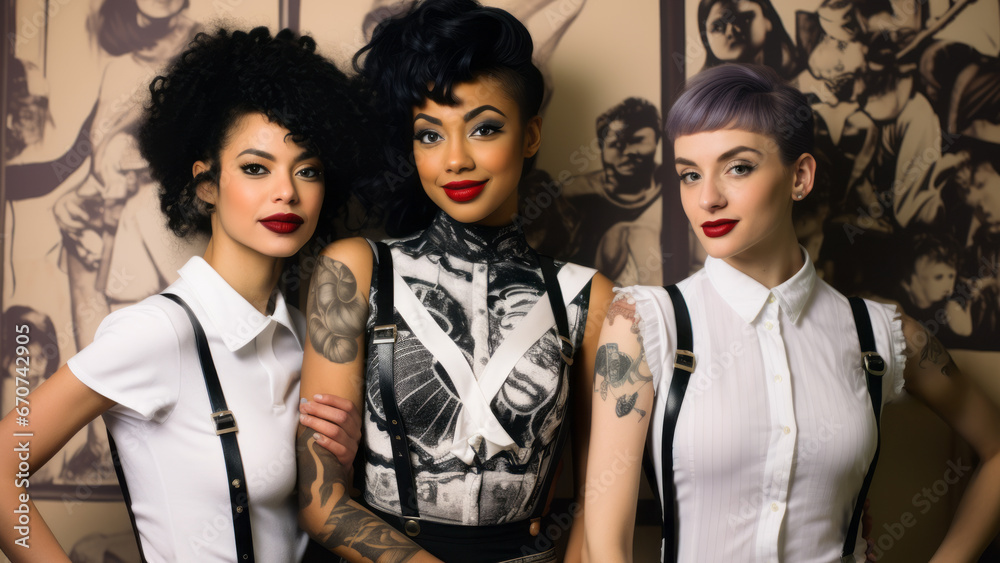 Strong females, Group of fashionable women standing together. Beautiful tattooed young women posing together on black background. Strong females, Group of fashionable women standing together. Beautiful tattooed young women posing together on black background.
