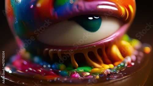 Closeup An eyeball made entirely out of rainbowcolored jelly beans, with melted chocolate oozing out from the center. photo