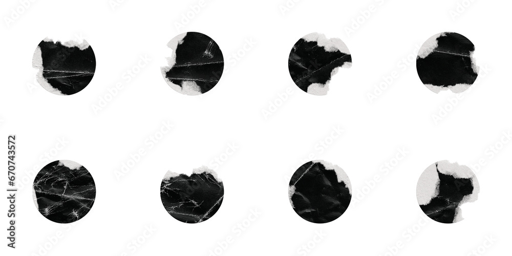 Black Torn Paper Circle Shape. Set of Torn Colored Papers with Different Elliptical Shaped Edges, Isolated