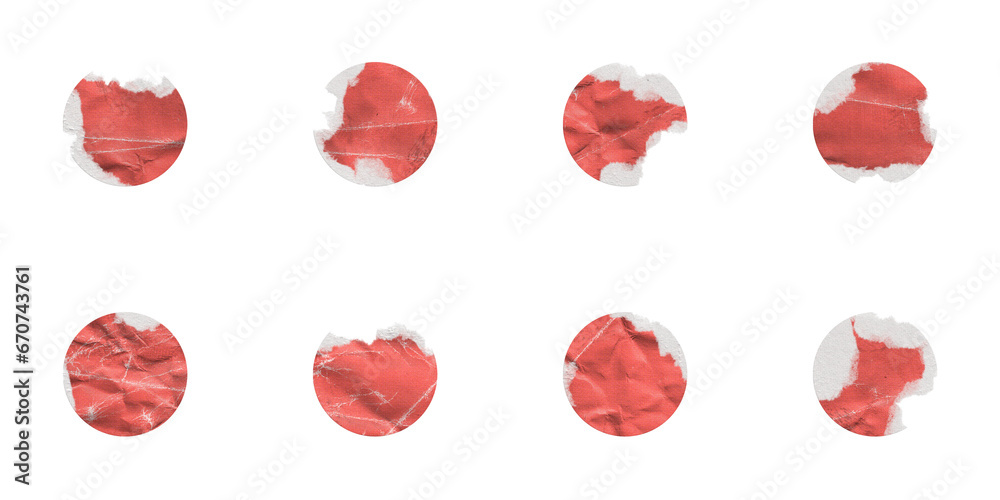 Fototapeta premium Red Torn Paper Circle Shape. Set of Torn Colored Papers with Different Elliptical Shaped Edges, Isolated