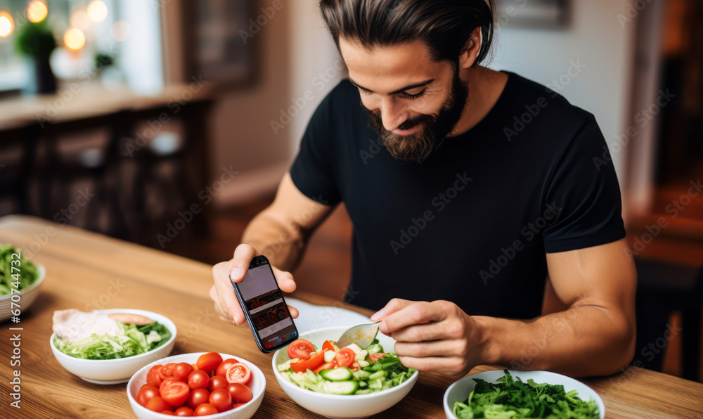 Planning Diet to Lose Weight: Man Tracks Calories While Eating Salad