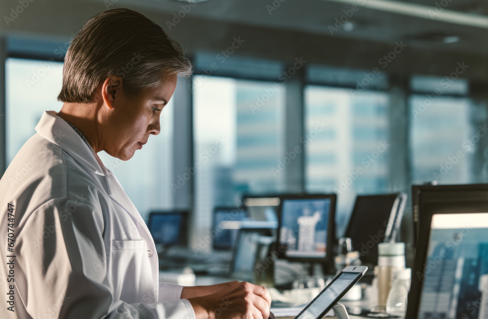 Digital Efficiency: Doctor Navigating Tablet in Cutting-edge Hospital Digital Efficiency: Doctor Navigating Tablet in Cutting-edge Hospital