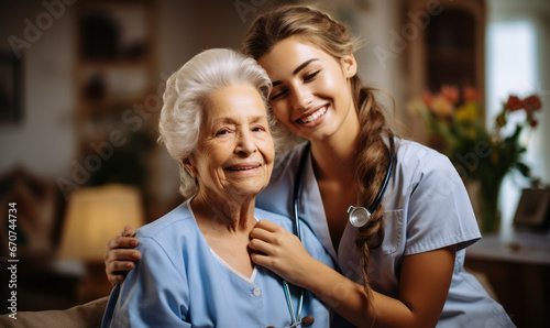 Healthcare Professional Embracing Senior Patient in Comforting Home Care