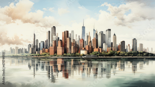 A New York City illustration in colorful watercolor paints  isolated on a white background