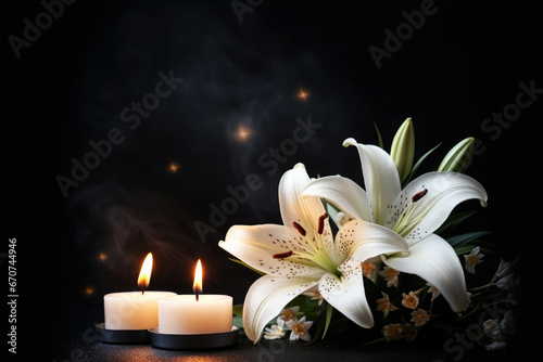 White Lily and Candle on Black Background Copy Space