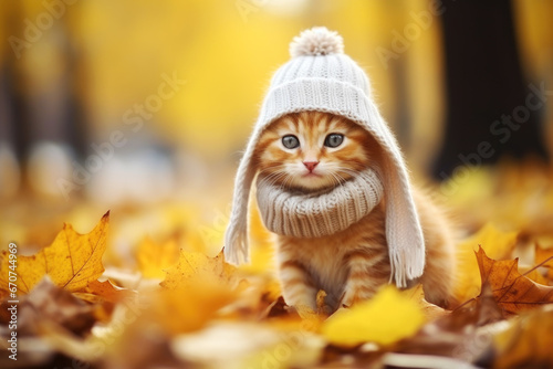 Kitten in Cap and Scarf Between Autumn Leaves