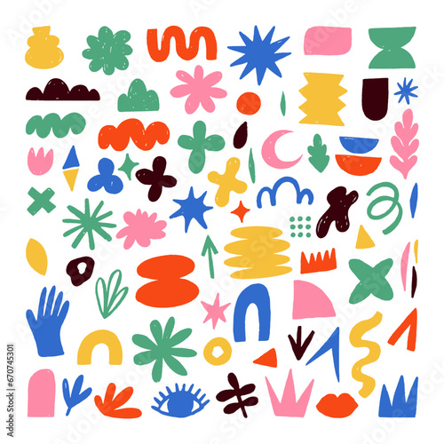 Hand drawn naive, bizarre abstract geometric shapes and forms. Modern contemporary figures, various organic shapes and doodle objects, vector graphic elements