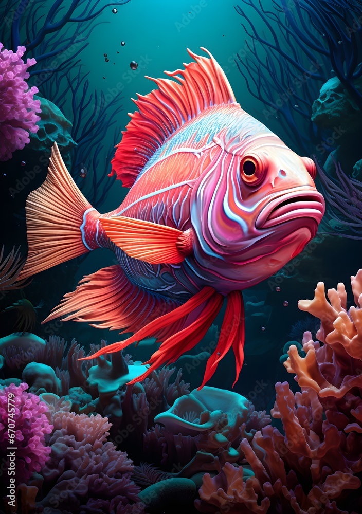 A beautiful red fish amidst blue ocean, cartoonish corals, creating a lively aquatic scene.