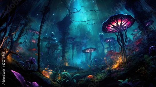 Fantastic Alien Jungle With Alien Flora And Mutant Plants. Luminescent Alien Jungle Landscape. Exploration Of Strange World In An Other Dimension. Generative AI