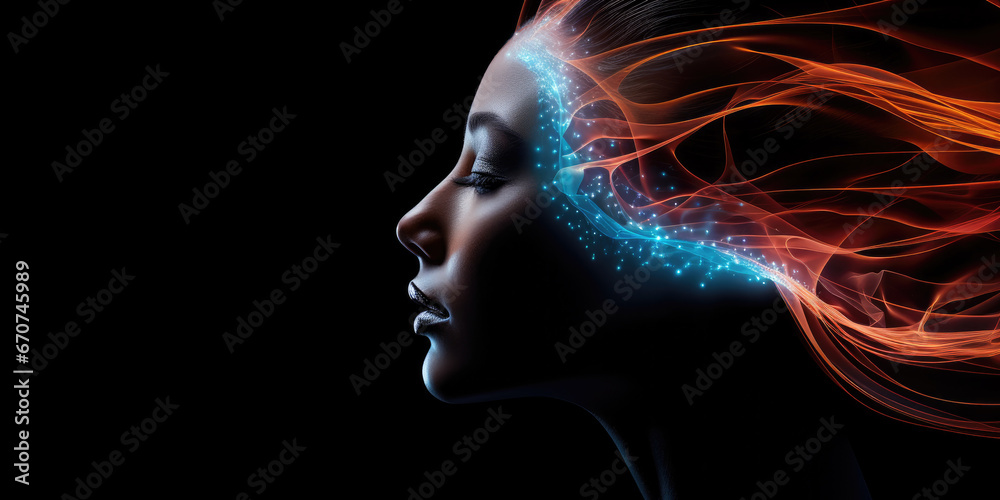 Beautiful women's profile with computer generated lines of light as hair and black light