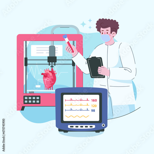 Prosthetics 3D printer web page and landing page design for website and mobile site development. Medical technology 3D printing prototyping concept of prosthetic legs.