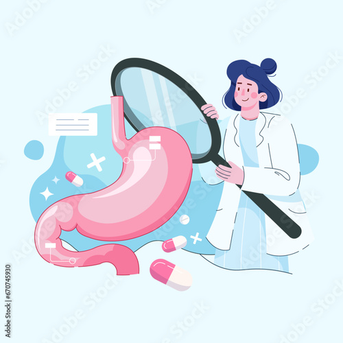 Diagnosis and treatment of intestines. Intestinal inflammation enteritis colitis dysbacteriosis. Healthy gut. Vector design
