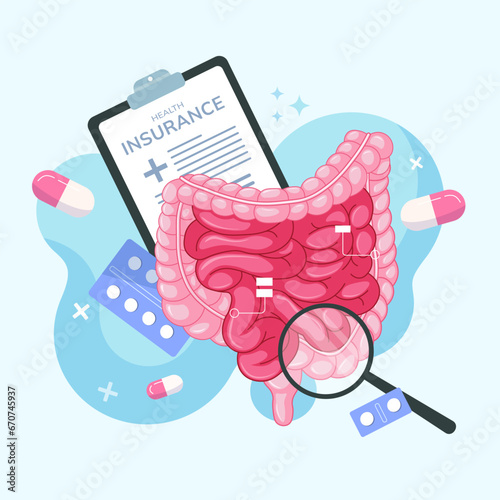 Diagnosis and treatment of intestines. Intestinal inflammation enteritis colitis dysbacteriosis. Healthy gut. Vector design