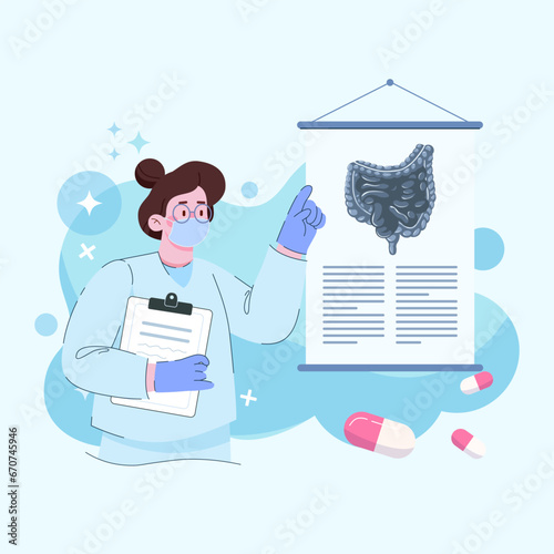 Diagnosis and treatment of intestines. Intestinal inflammation enteritis colitis dysbacteriosis. Healthy gut. Vector design