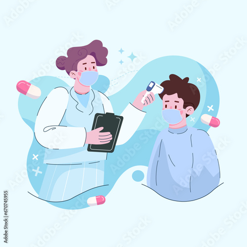 Pediatric Health Check. Doctor Using Infrared Thermometer on Child with Floating Medicine Capsules. Flat Vector Illustration.