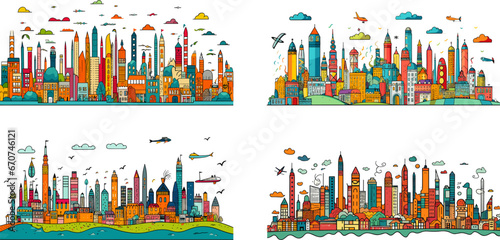 Futuristic cityscape in childs drawing style. Multicolored fictional city with skyscrapers and impossible planes, naive kids sketch