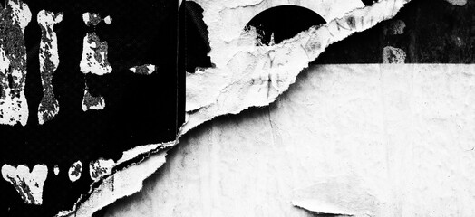 Old ripped torn black and white posters textures backgrounds grunge creased crumpled paper vintage collage placards empty space text