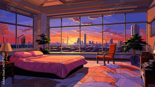 Penthouse bedroom interior with panoramic view on skyline and city. Sunset in town and skyscrapers silhouettes. Room with bed and chair, retro vector background