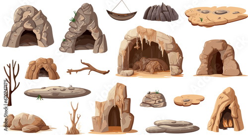 Primitive human living elements. Stone caves and stones, dry tree and branches. Isolated cartoon ancient houses, vector decorative elements
