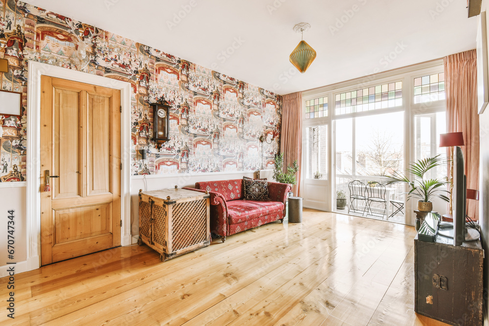 custom made wallpaper toronto digitalLiving room with red couch and television by window