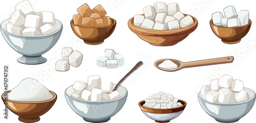 Sugar cubes and sand pile in bowls and spoon. Cartoon sweet elements, salt and stevia. Sweetener elements for drink and food vector clipart