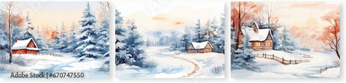 Winter nature landscape. Wooden house in snow forest, seasonal illustration. Watercolor decorative cozy vector background, christmas season
