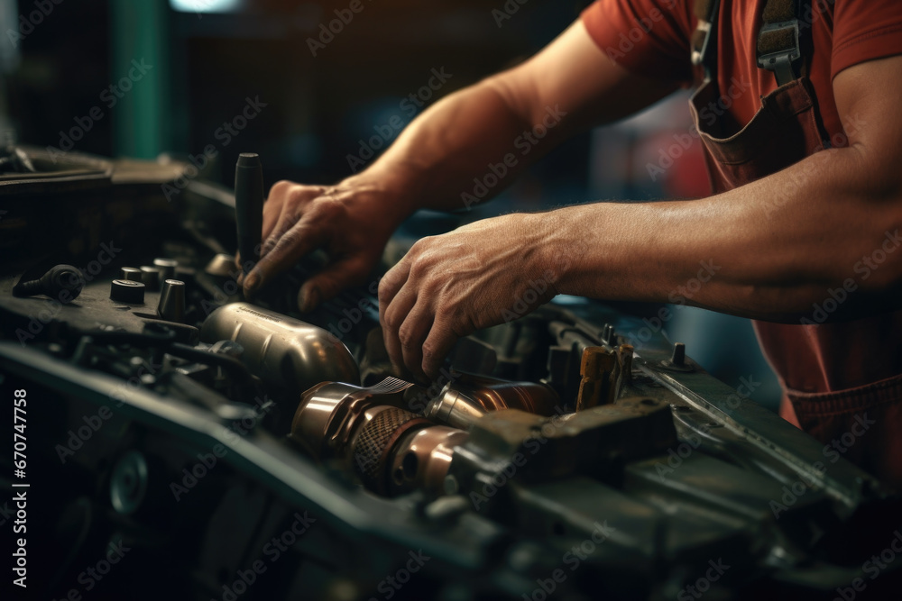 A man is seen working on a car engine in a garage. This image can be used to depict car repairs, automotive maintenance, or DIY projects.