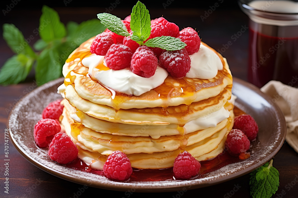 Homemade Pancake Tower with Honey and Fresh Raspberry Homemade Pancake Tower with Honey and Fresh Raspberry