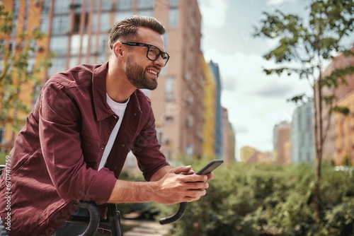 Good news. Side view of handsome man with stubble in casual clothes and eyeglasses leaning at his bicycle, holding mobile phone and smiling while standing outdoors