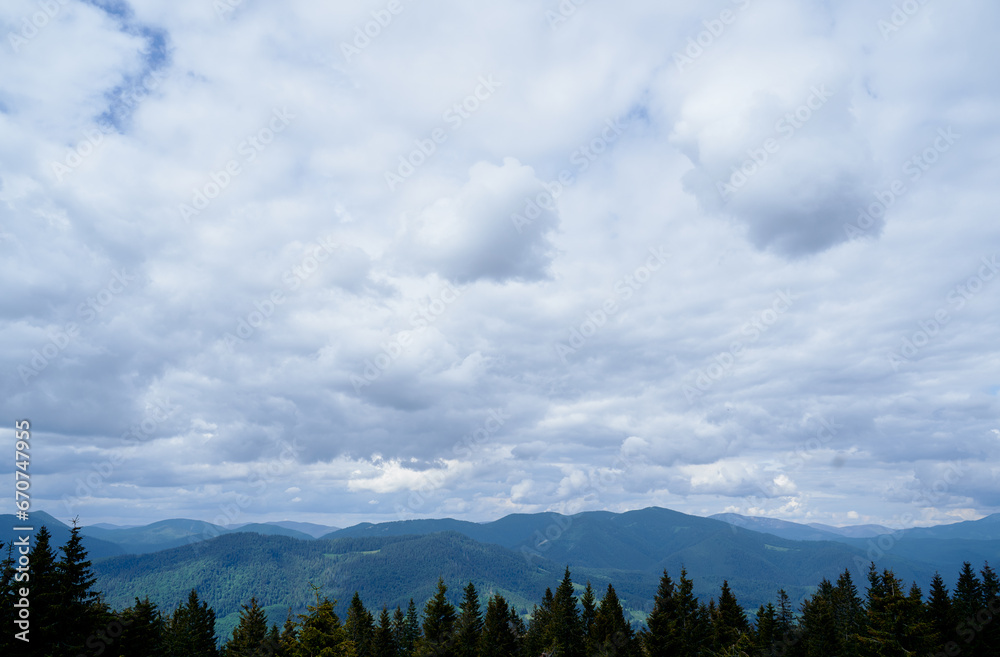 Beautiful mountains landscape with green forest. Carpathians, Ukraine.