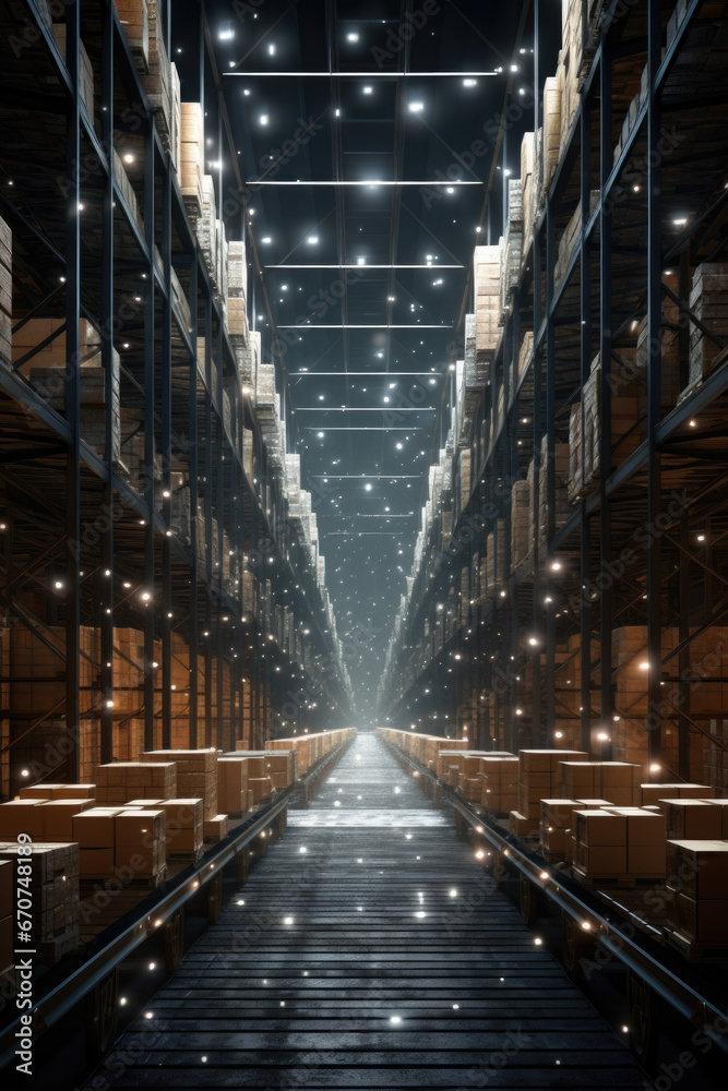 A large warehouse filled with numerous boxes. Perfect for illustrating storage, logistics, or inventory management. - obrazy, fototapety, plakaty 
