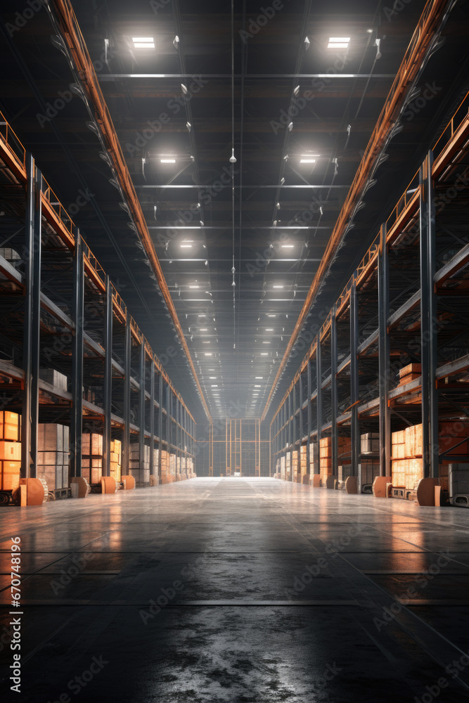 A large warehouse filled with lots of wooden pallets. This image can be used to represent storage, logistics, or the transportation industry.