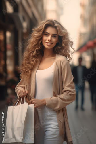 A woman is seen walking down a street, holding multiple shopping bags. This image can be used to depict shopping, city life, consumerism, or retail therapy.