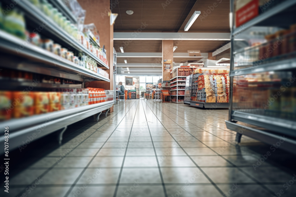 A crowded grocery store aisle showcasing a wide variety of food options. Perfect for illustrating the abundance and variety of choices available at a supermarket.