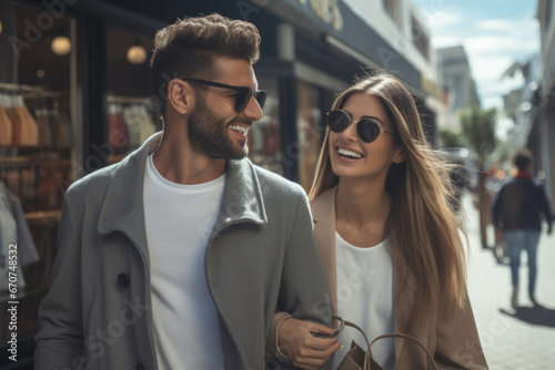 A picture of a man and a woman walking together on a street. This image can be used to represent a couple or friends taking a stroll in an urban setting