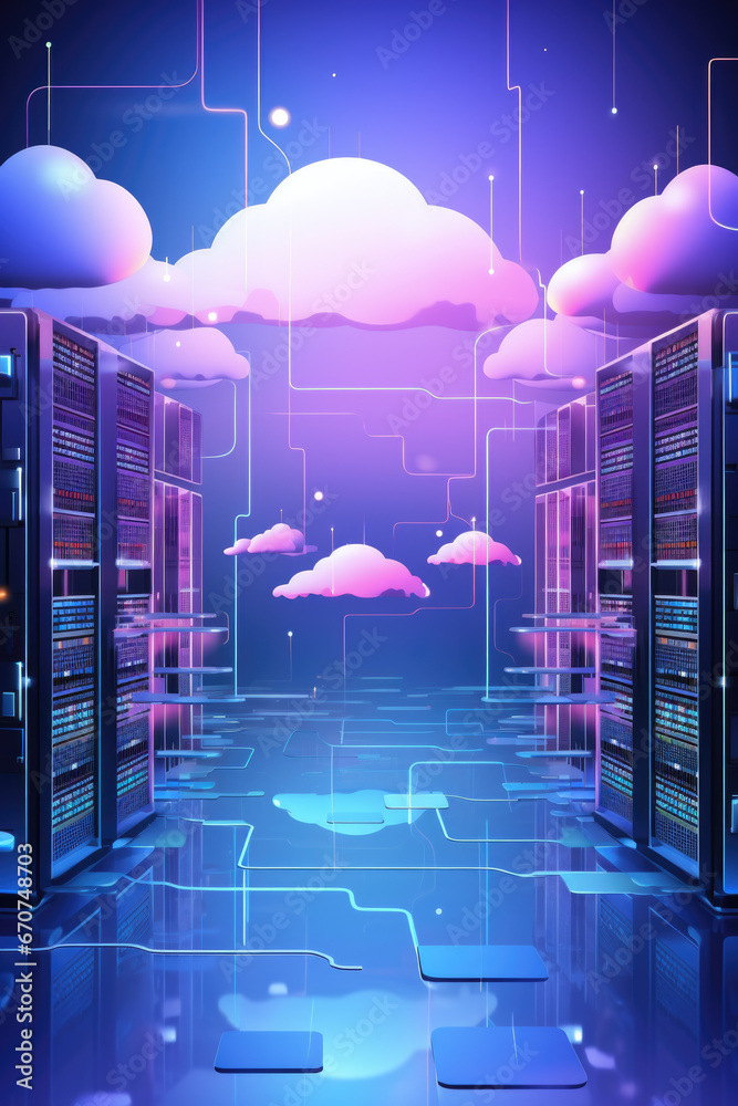 A picture showcasing a server room filled with numerous servers and clouds. This image can be used to illustrate technology, data storage, cloud computing, or internet infrastructure. - obrazy, fototapety, plakaty 